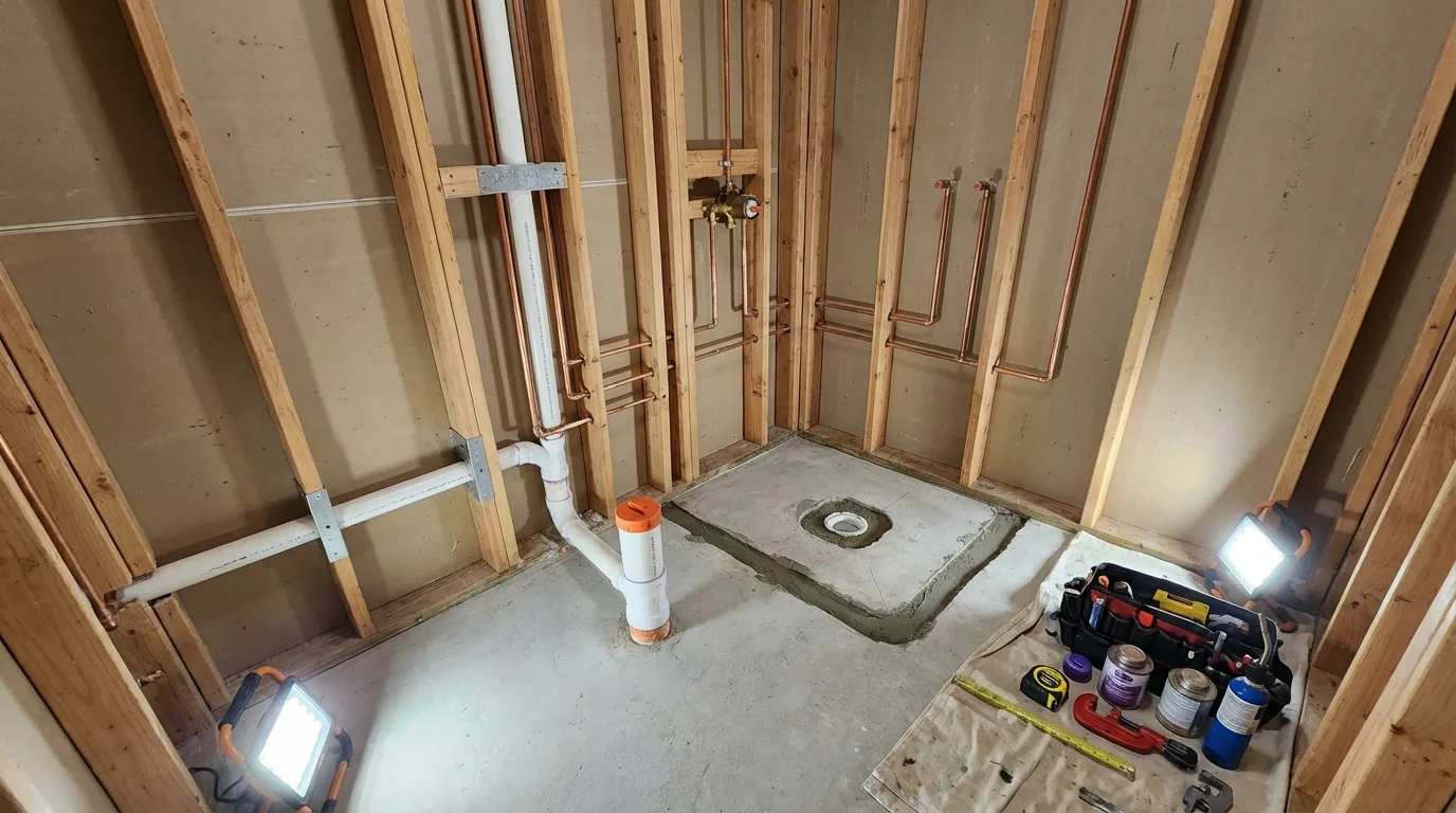 Bathroom rough-in plumbing during remodel by Johns Plumbing LLC in Rocky Point
