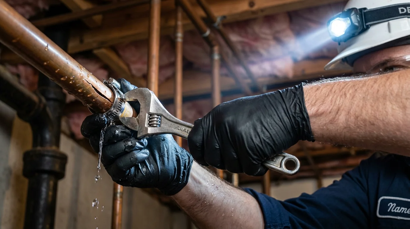 Emergency pipe clamp repair being performed by a Johns Plumbing LLC plumber in Rocky Point