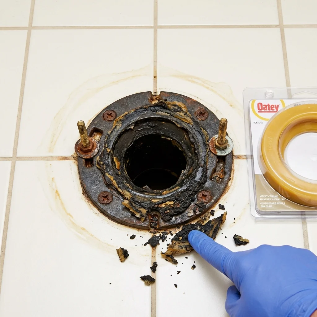 Failed wax ring showing water seepage at the base of a toilet in a Rocky Point, NY home