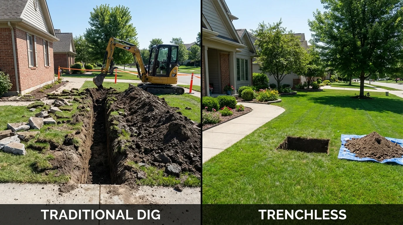 Trenchless sewer repair with minimal yard damage versus traditional excavation in Rocky Point, NY