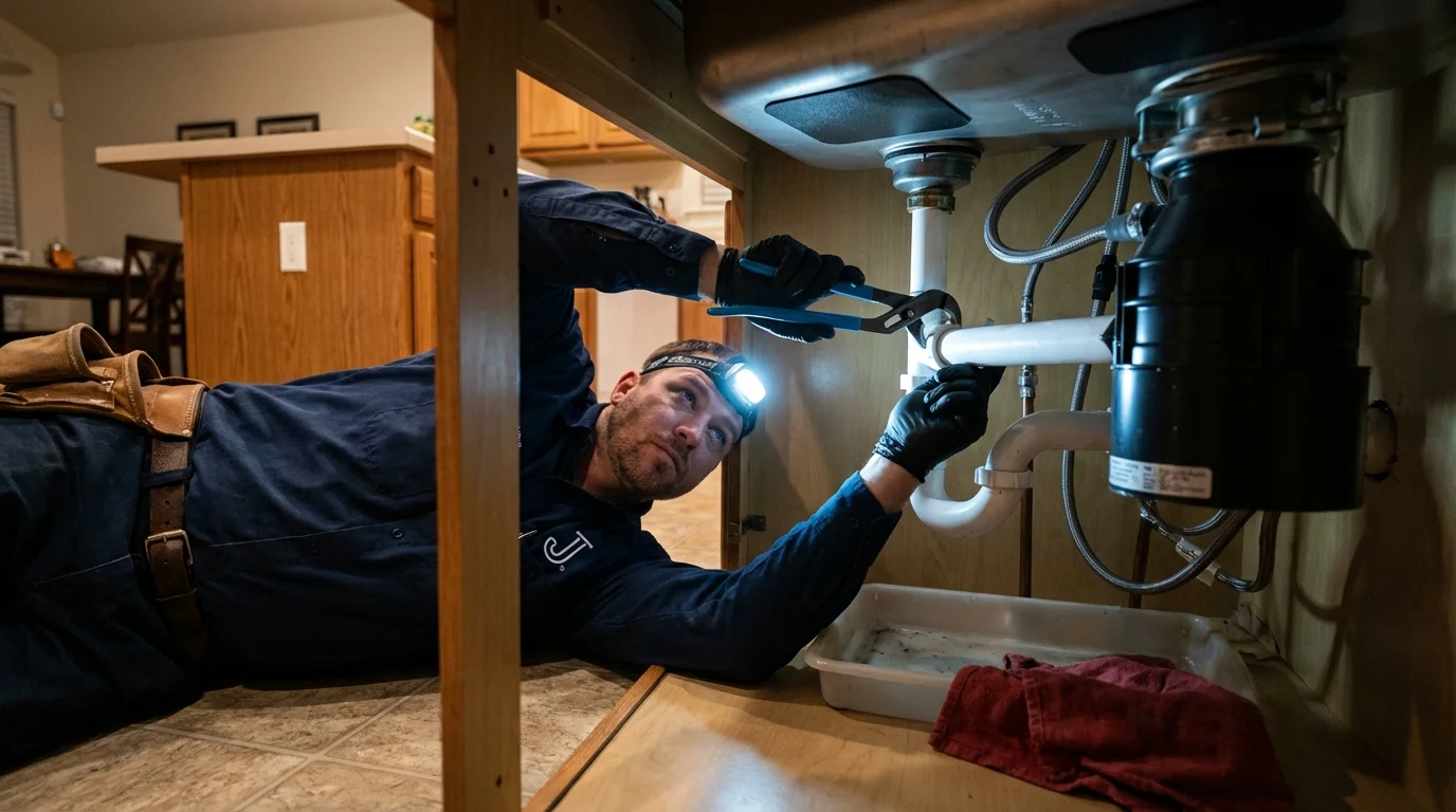 P-trap and supply line connections under a kitchen sink showing a common leak point in Rocky Point, NY
